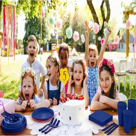 Exquisite 350 Pcs Plastic Plates for Party &ndash; Disposable Plates Set &ndash; 50 Each of 9" Dinner Plates, 7" Dessert Plates, Plastic Cups, Napkins & Plastic Cutlery &ndash; Plastic Dinnerware by Party Solids Dark Blue {6}