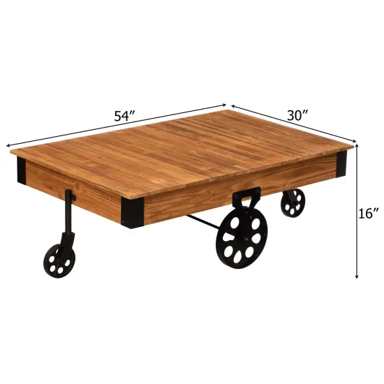 Vintiquewise Large Rustic Vintage Industrial Wooden Coffee Table with Detailed Wood Grain Metal Accents and Black Cast Iron Cart Wheels Perfect for Farmhouse and Loft-Style Interiors {4}