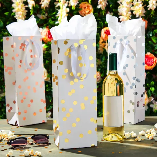 12-Pack Wine Gift Bags with Ribbon Handles and Tissue Paper for Wine Bottles, Liquor, Champagne, Sparkling Cider, Elegant Polka Dot Foil Designs (3 Colors, 13.8x5x4 in) White {2}