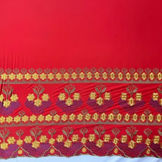 1 Yard Hibiscus Double Border Embroidered Fabric, 100% Polyester, 56 Inches Width {3}