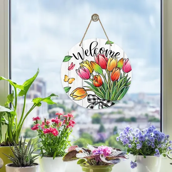 Summer Tulip Flowers Front Door Sign, Floral Butterfly Mason Jar Wood Door Hanger Outdoor Outside Porch Decor, Seasonal Farmhouse Wooden Wreath Indoor Wall Hanging Decoration {4}