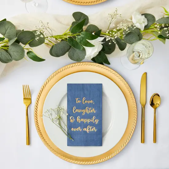 100-Pack Navy Blue Napkins for Wedding Reception with "To Love, Laughter & Happily Ever After" in Gold Script (3-Ply 4x8 in) {2}
