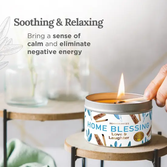 Magnificent 101 Long-Lasting Home Blessing - Love & Laughter Aromatherapy Smudge Candle | 6 Oz - 35 Hour Burn | All Natural Soy Wax, Sage, Bergamot & Sandalwood | Meditation & Manifestation White {4}