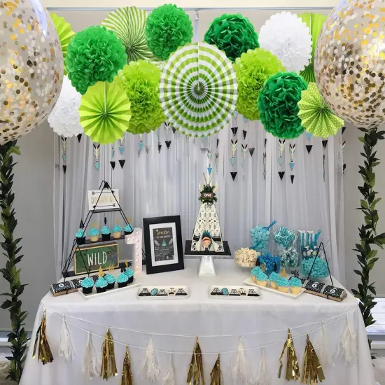 Green Hanging Paper Party Decorations, Round Paper Fans Set Paper Pom Poms Flowers for Birthday Wedding Graduation Baby Shower Events Accessories {5}