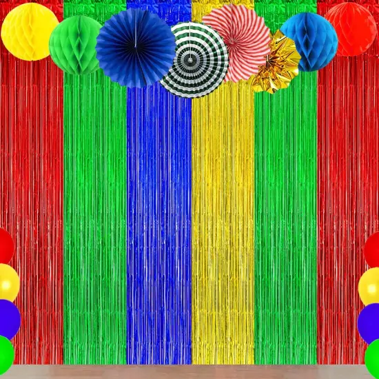 Blue Red Green Yellow Party Decorations, Blue Red Green Yellow Foil Fringe Backdrops Streamer Tinsel Curtains for Graduation Boys Girls Birthday Baby Shower Party Decor (3Pack) {3}