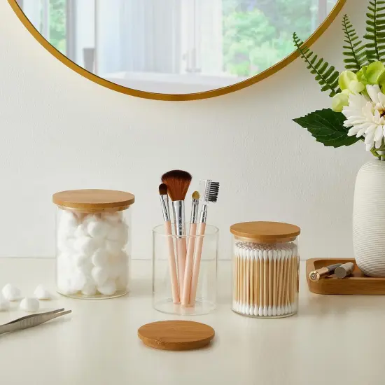 6 Pack Glass Qtip Holder, Apothecary Jars with Lids Bamboo, Bathroom Organizers and Storage for Cotton Ball Round Swab Pad Floss Picks, Bathroom Decor for Vanity Accessories {5}