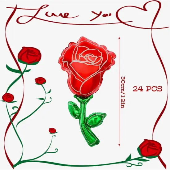 24 PCS Valentines Day Rose Foil Balloons, 12 Inch Rose Flower Shape Balloons Red Rose Aluminum Foil Balloons for Valentines Day Party Decorations Baby Shower Wedding Birthday Party Decor {2}