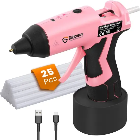 Cordless Hot Glue Gun, GoGonova 15s Fast Preheating 5Ah Built-in Battery Hot Melt Glue Gun, Smart Power-Off, Kit with 25 Pcs Premium Mini Glue Sticks and USB-C Charging Port (Pink) {1}