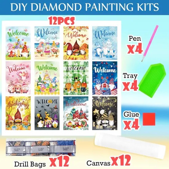 12 Sets Seasonal Diamond Painting Kits Full Drill Rhinestones Art Crafts Cute Colorful Cartoon Diamond Painting for Home Wall Decor Art Craft Gifts(Welcome) {3}