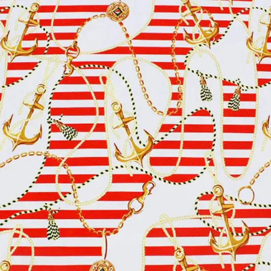 Anchors and Nautical Stripes Printed Spandex Fabric Red/Gold {1}