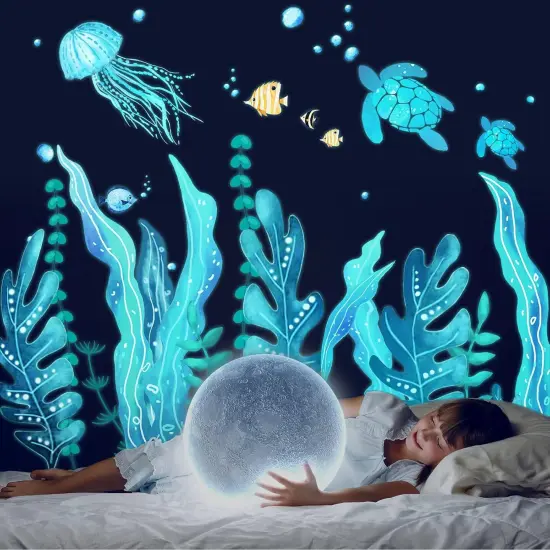 5 Sheets Turtle Wall Decals Stickers Under The Sea Stickers Ocean Grass Jellyfish Fish Removable Vinyl Decal for Bedroom Bathroom Nursery Room Wall Decor(Blue Glow Style) {4}