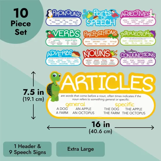 10 Pieces Parts of Speech Posters - Oversized Bulletin Board Teacher Supplies, Grammar Decorations for Elementary Classroom, Homeschooling, Speech Therapy (16 x 7.5 in) {4}