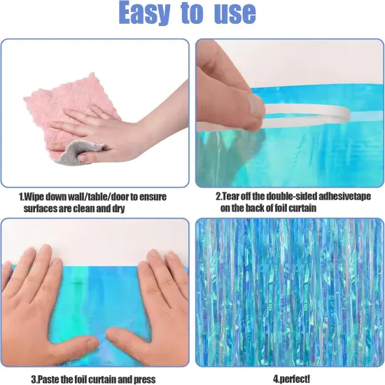 2 Pack 3.2x6.5 Feet Iridescent Foil Fringe Backdrop Curtains, Clear Blue Tinsel Photo Booth Props Streamers Party Decorations for Birthdays Mermaid Sea Frozen {2}