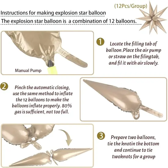 60 PCS Caramel Star Balloons, 12 Point Spike Explosion Star Foil Balloons for Birthday, Baby Shower, Bridal Shower, Wedding, Festivals Decorations (Caramel) {3}