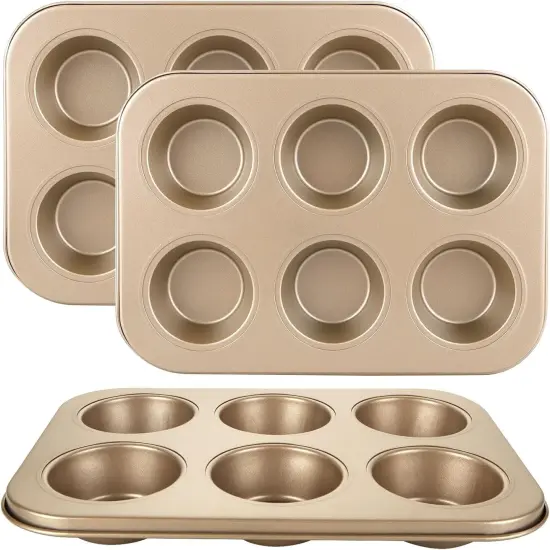 3 Pack Muffin Pan 6 Cups, Nonstick Cupcake Pan for Baking, Carbon Steel Muffin Tin Cupcake Baking Tray for Oven - Gold {1}
