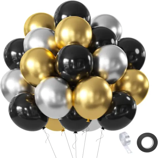 Black Gold Silver Balloons Set, 60 Pcs 12 Inch Metallic Chrome Gold Silver Balloons Black Silver Gold Balloons for Birthday, New Year, Wedding Party Decoration {1}