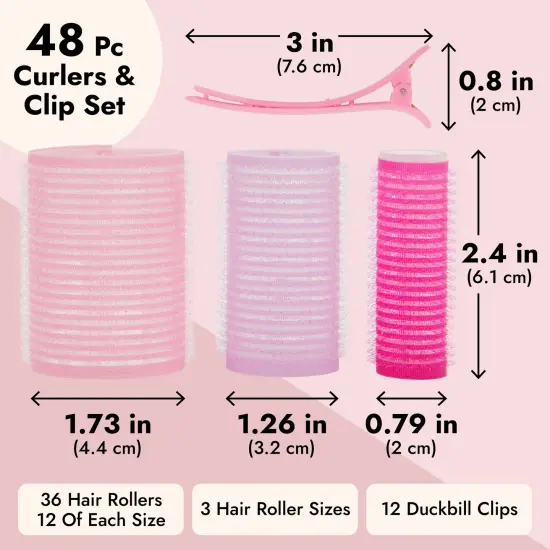 48 Piece Set Self-Grip Hair Rollers with Clips - Pink Hair Curlers in 3 Sizes with Duck bill Shaped Clips Set for Hair Curls (36 Hair Tension Rollers, 12 Clips) {3}