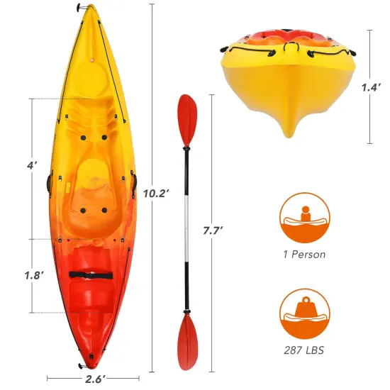 Yellow Orange Sit-On-Top Kayak 1-Person 4-Position Footrest Adjustable Paddle {2}