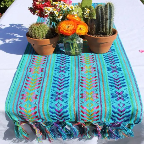 Woven Rebozo Style Mexican Table Runner Scarf (Turquoise) {2}
