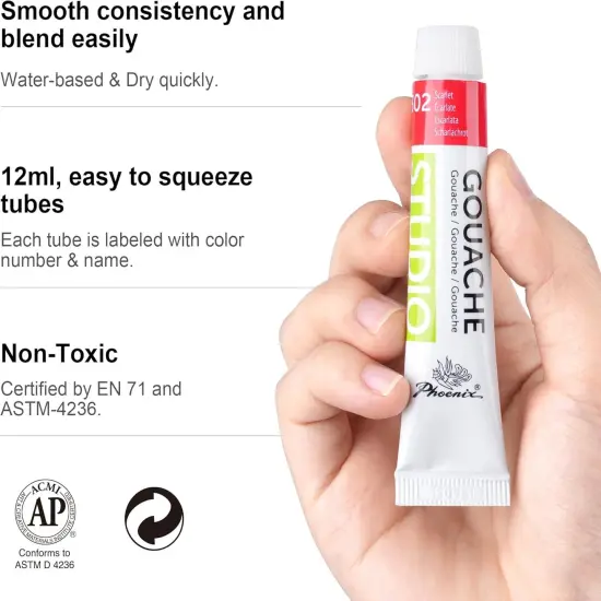 Gouache Paint Tubes - 12x12ml / 0.4 Fl Oz Non-toxic Gouache Painting Supplies Art Paints Set for Adults, Beginners, Students {3}