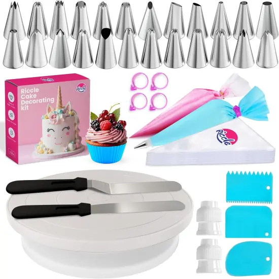 94 pcs Cake Decorating Kit with Cake Turntable - Includes 50pcs 16 Inch Disposable + 2 Reusable Piping Bags and Tips Set, 24 Icing Piping Tips, 2 Spatulas, 3 Icing Comb Scraper, 6 Cake Liners {1}