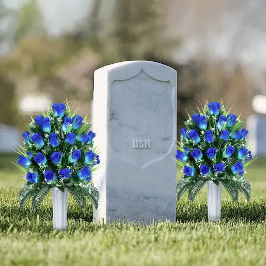 2 Sets (Pure Blue) Memorial Flowers Bouquet with Cemetery Vase {3}