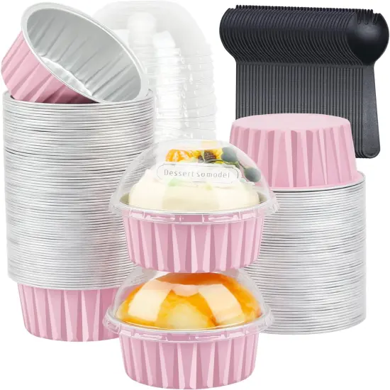 5oz Cupcake Pans with Dome Lids 100 Pack,LNYZQUS Aluminum Foil Small Cake Baking Tin,Disposable Ramekins Cupcake Baking Cups Containers,Mini Pie Pans Muffin Tins Jumbo Cupcake Liners-Pink {1}