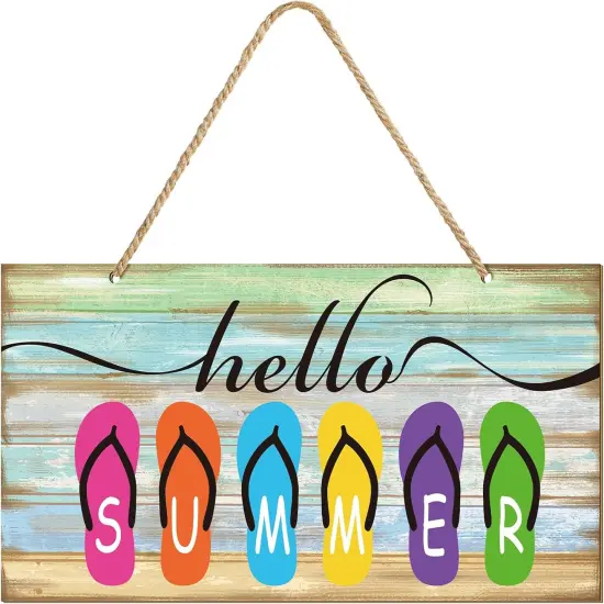 Hello Summer Sign 12 x 6 Inch Welcome Summer Door Sign Wooden Farmhouse Front Porch Door Hanging Decor Rustic Beach {1}