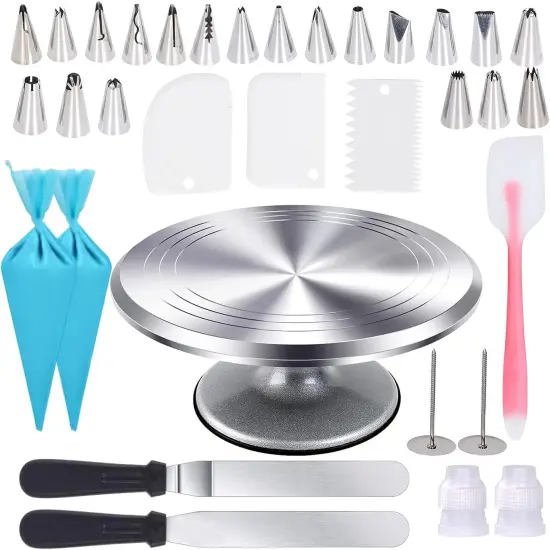 12 Inch Cake Turntable Cake Decorating Supplies Kit, 33 pcs Rotating Aluminium Cake Stand Set, Baking Tools with 20 Icing Tips, Bags, 3 Icing Smoother, Straight & Offset Spatula, Silicone Spatula {1}