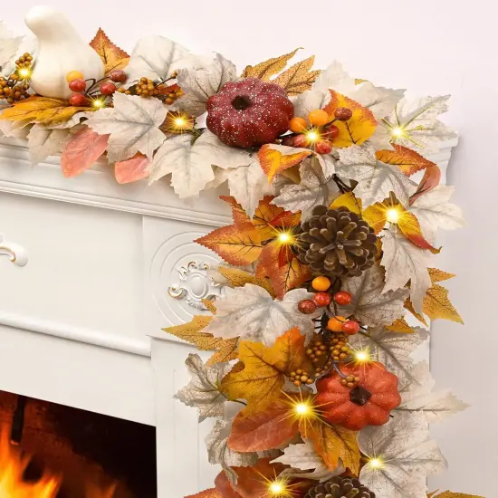 Fall Leaves Garland with Lights, Pumpkins Pinecones Berries Maple Leaves - 1 PACK {1}