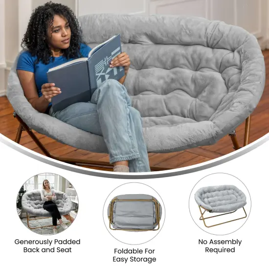 Emma and Oliver Janey Folding Double Saucer Chair with Steel Frame for Dorm, Living Room, or Bedroom GrayFabric/SoftGold {3}