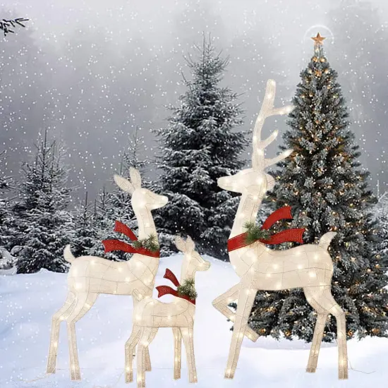 Dazzling White Cotton Thread Lighted Deer Family Set for Holiday Decor 60"+48"+32" {1}
