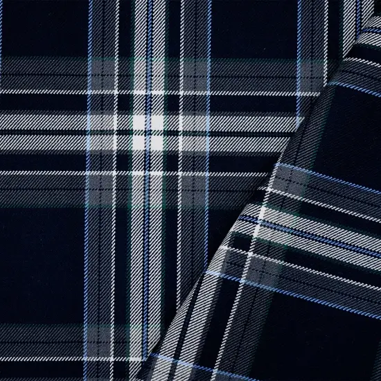 Dark Navy Blue-White-Multi Poly-Wool Plaid Twill Suiting Woven Fabric By the Yard {1}