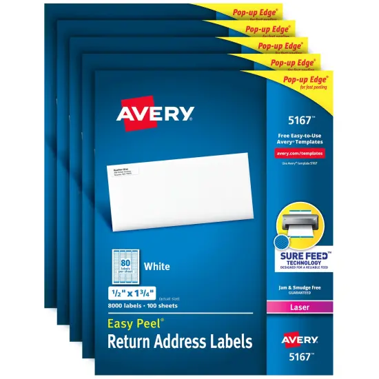 Avery Easy Peel Return Address Labels, Sure Feed Technology, Permanent Adhesive, 1/2" x 1-3/4", 8,000 Labels (5167) - 5 Pack {1}