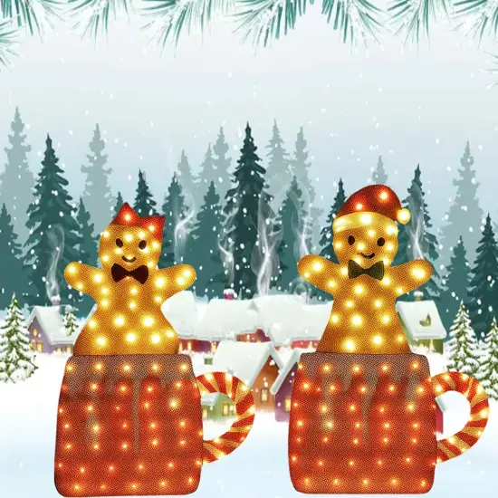 Indoor Holiday Gingerbread Couple Displayed in Festive Mug Duo Set 40" & 42" Tall {4}