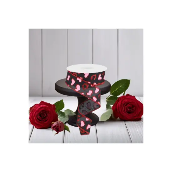 1.5" Heart Leopard Spots Ribbon: Black (10 Yard) {2}