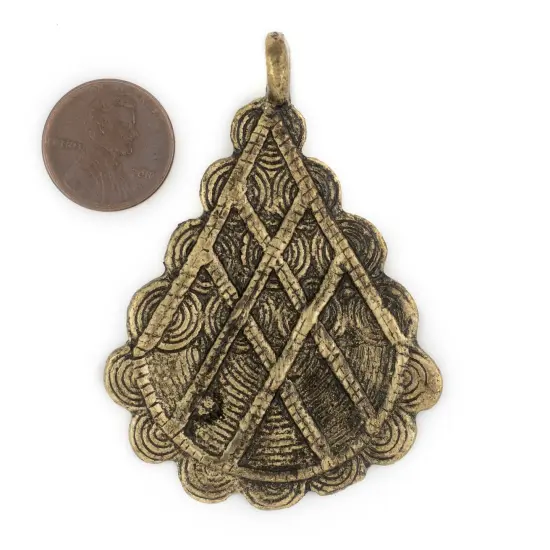 The Bead Chest Antiqued Brass Baule Pyramid Pendant 67x48mm Ivory Coast African Large Hole Handmade {2}