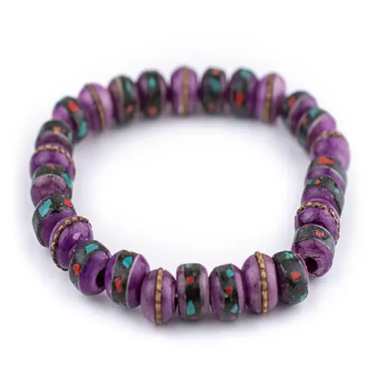 The Bead Chest Mala Stretch Bracelet, Light Purple - Stackable Nepal Bone Inlaid with Turquoise & Coral Colors, 100% Authentic and Genuine {1}