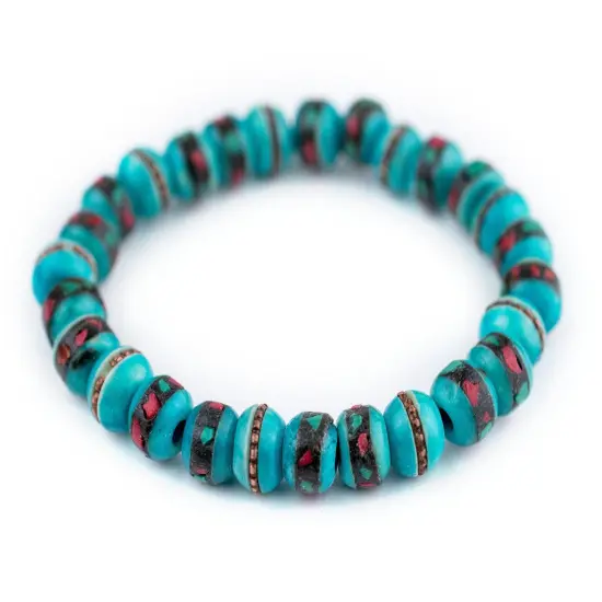 The Bead Chest Mala Stretch Bracelet, Turquoise Blue - Stackable Nepal Bone Inlaid with Turquoise & Coral Colors, 100% Authentic and Genuine {1}
