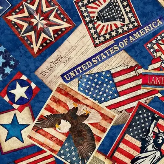 Blue Patriotic Collage Wideback Cotton Fabric per yard {1}