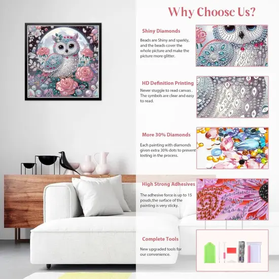 5D Special Shape Diamond Art Kits for Beginners, Owl Diamond Painting Kits for Adults, Flowers Crystal Rhinestones Diamond Painting for Home Wall Decoration Gift 12x12inch {3}