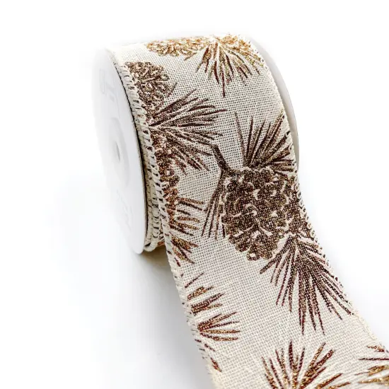 Designer’s Shop WR 63-5190 Holiday Gold Glitter Pinecones Wired edge ribbon 2.5” x 10 yard {1}