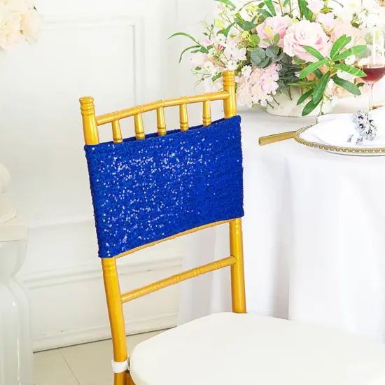 10 Pieces Radiant Royal Blue Sequin Stretch Spandex Chair Bands 7 x 13 Inches {2}