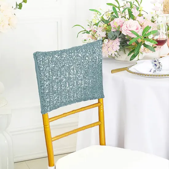 1 Piece Dusty Blue Sequin Spandex Chair Cap 13.5 inch by 10 inch Banquet Cover {2}