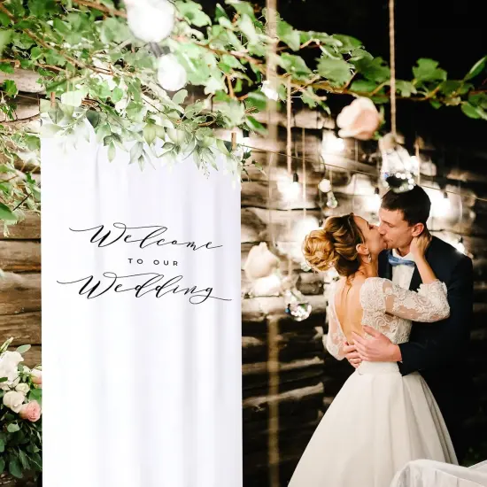 Greenery Welcome Arch Reception Backdrop Rustic Linen Fabric Wedding Sign {3}