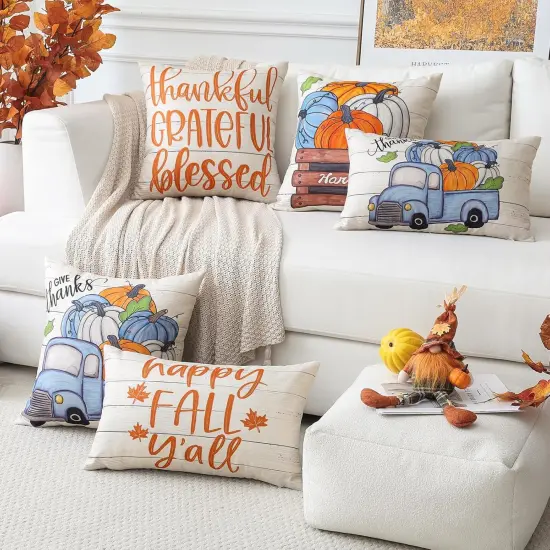 Happy Fall Pumpkin Truck Thankful Grateful Blessed Outdoor Farmhouse Pillow Cases {6}