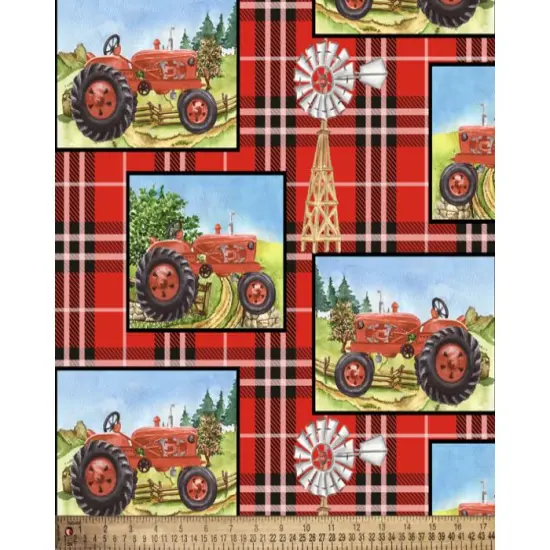 Farm Tractor Plaid Cotton Fabric | By the Yard | Sewing and Crafting | 44 inches wide {1}