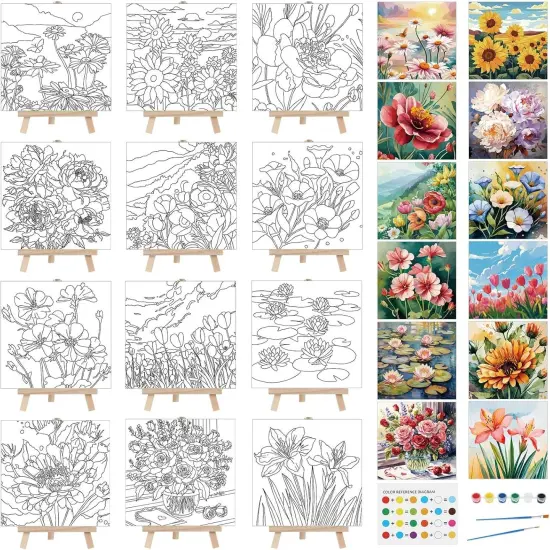 12 Sets Pre Drawn Canvas Kit with Design Easel and Brushes (Flower) {1}
