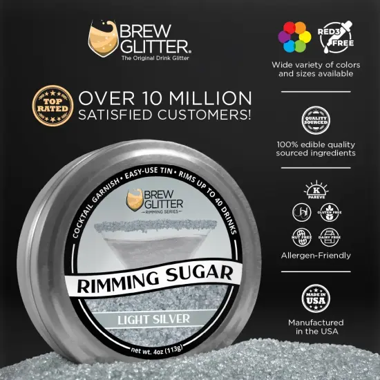 Brew Glitter - Light Silver Rimming Sugar (4oz, 1x Bar Tin) Cocktail Garnish for Mixed Drinks & Refreshments {2}