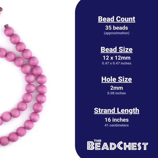 The Bead Chest Natural 12mm Wooden Beads in Magenta for Jewelry Making &ndash; Round Loose Wood Spacer Beads I Approximately 35 Beads {4}